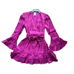 Metallic Fuchsia Tiered Satin Pleated Belted A Line V Neck Womens Medium Dress